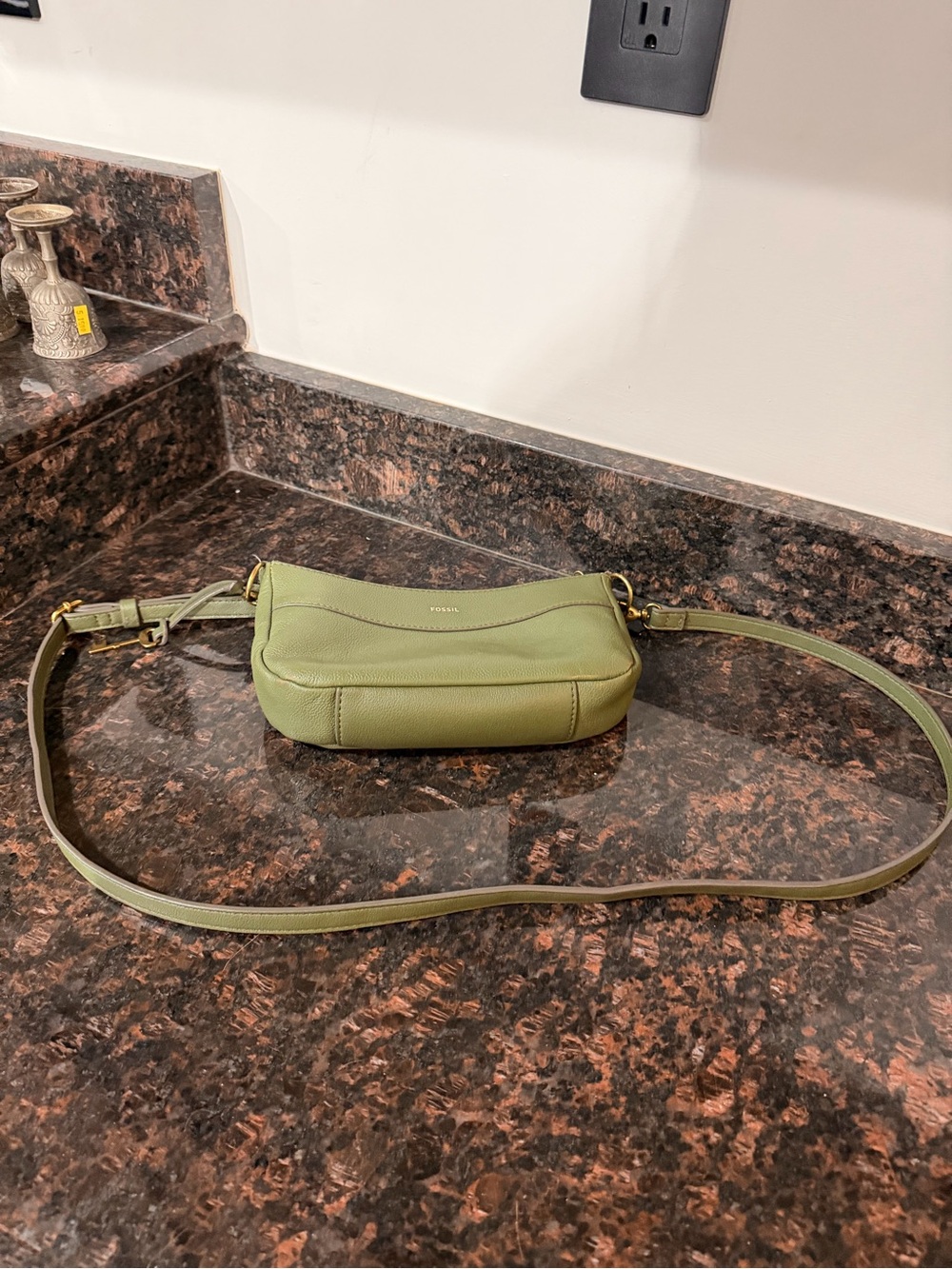 Fossil Olive Leather Crossbody Wristlet with Gold Hardware - Picture 6 of 9